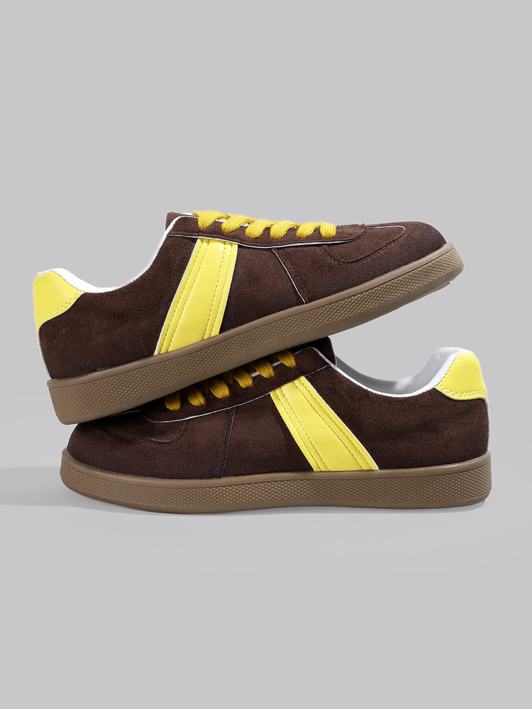 DareSee Women's Retro Casual Sports Running Shoes, Skateboard Style, Featuring Street Fashion Appearance, Thick Sole Athletic Shoes, Yellow + Coffee Color Combination With Rubber Outsole For Timeless Style And High Comfort, An Essential Choice For Ladies | SHEIN