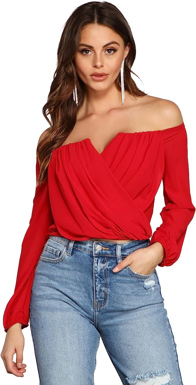 Windsor Chiffon Strapless Top, Long-Sleeve Off-The-Shoulder Shirt, Deep V Going Out Tops for Wome... | Amazon (US)