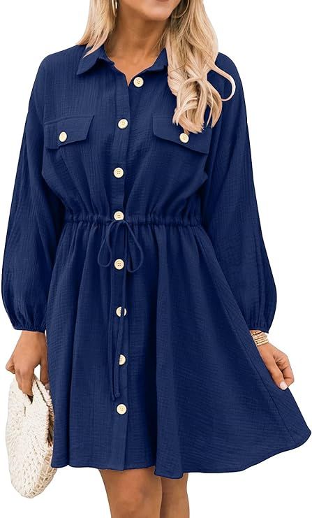 MIHOLL Women's Long Sleeve Shirt Dress Casual Button Down Dresses with Pockets | Amazon (US)