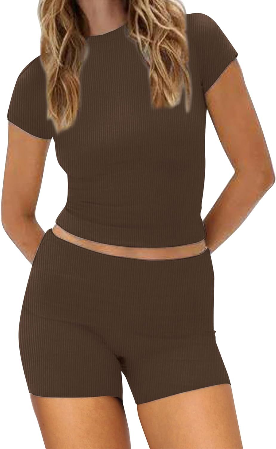 Livtany Women Yoga Lounge Sets Short Sleeve Crop Top and Low Rise Foldover Biker Shorts Set Ribbe... | Amazon (US)