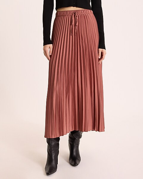 High Waisted Satin Drawstring Pleated Midi Skirt | Express