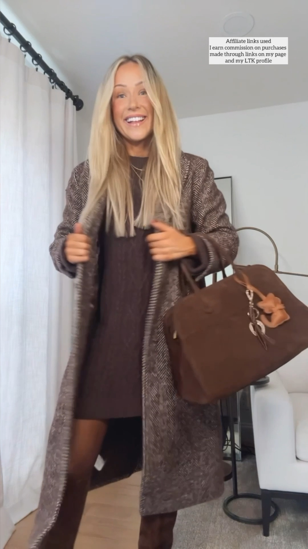 Fall outfit 

Abercrombie coat brown herringbone
Brown sweater dress and suede knee high boots