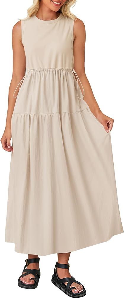 ZESICA Women's 2024 Summer Sleeveless Midi Dress Casual Crewneck Drawstring Waist Flowy Long Dres... | Amazon (US)
