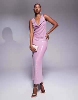 Rare London sequin cowl neck top and maxi skirt co-ord in pink | ASOS (Global)