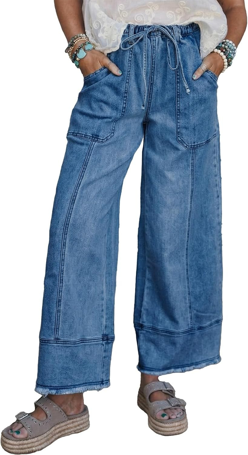 SHEWIN Women's Wide Leg Jeans High Waisted Baggy Jeans Stretchy Drawstring Denim Pants | Amazon (US)