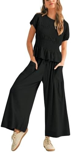 Antnation Womens 2 Piece Smocked Top Wide-Leg Pants Set High-Waisted Lounge Outfit with Pockets C... | Amazon (US)