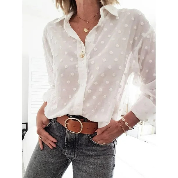 Hirigin Womens V Neck OL Shirt Polka Dot Blouses Long Sleeve Tops White,up to 2XL | Walmart (US)
