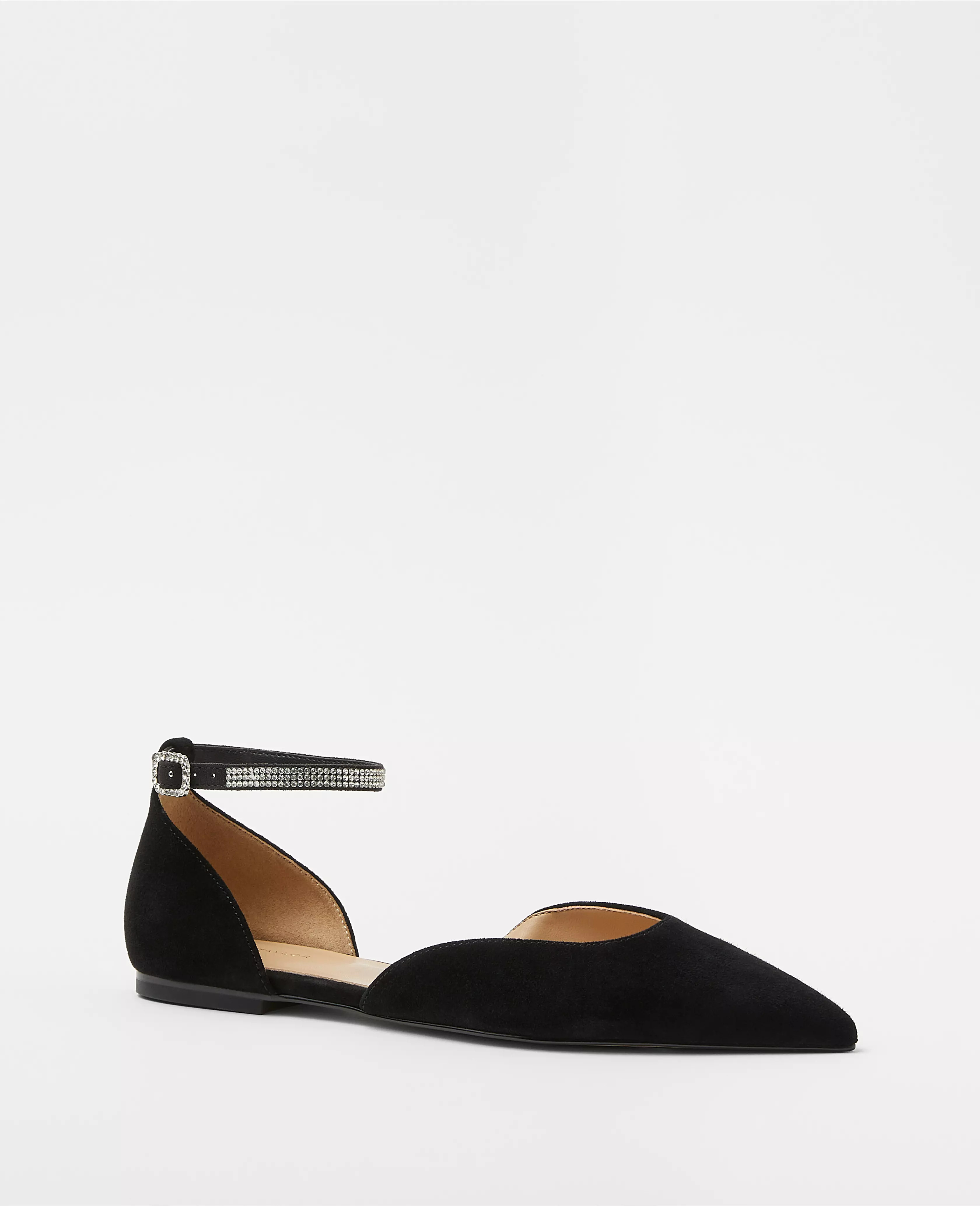 Crystal Ankle Strap Pointy Toe Suede Flats | Ann Taylor