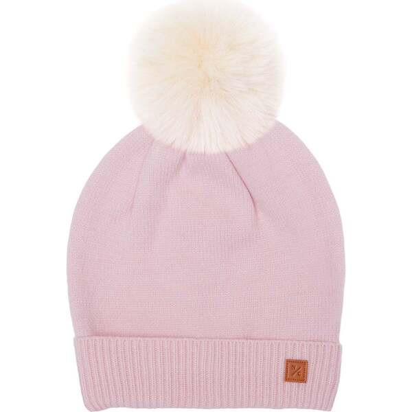 Kids Knit Winter Hat with Faux Fur Pom, Ballerina Pink | Maisonette