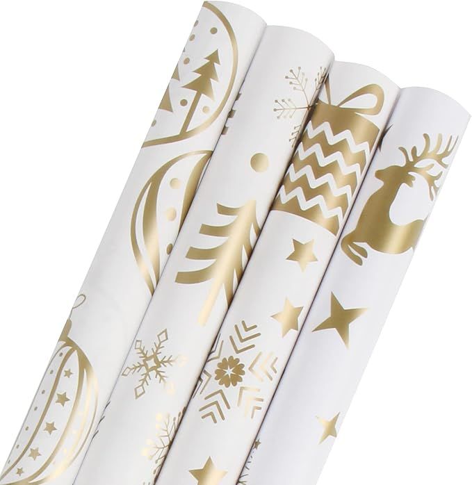 KIMOBER 4 Rolls Christmas Wrapping Paper with Cut Lines on Reverse,Coated Paper with Golden Chris... | Amazon (US)