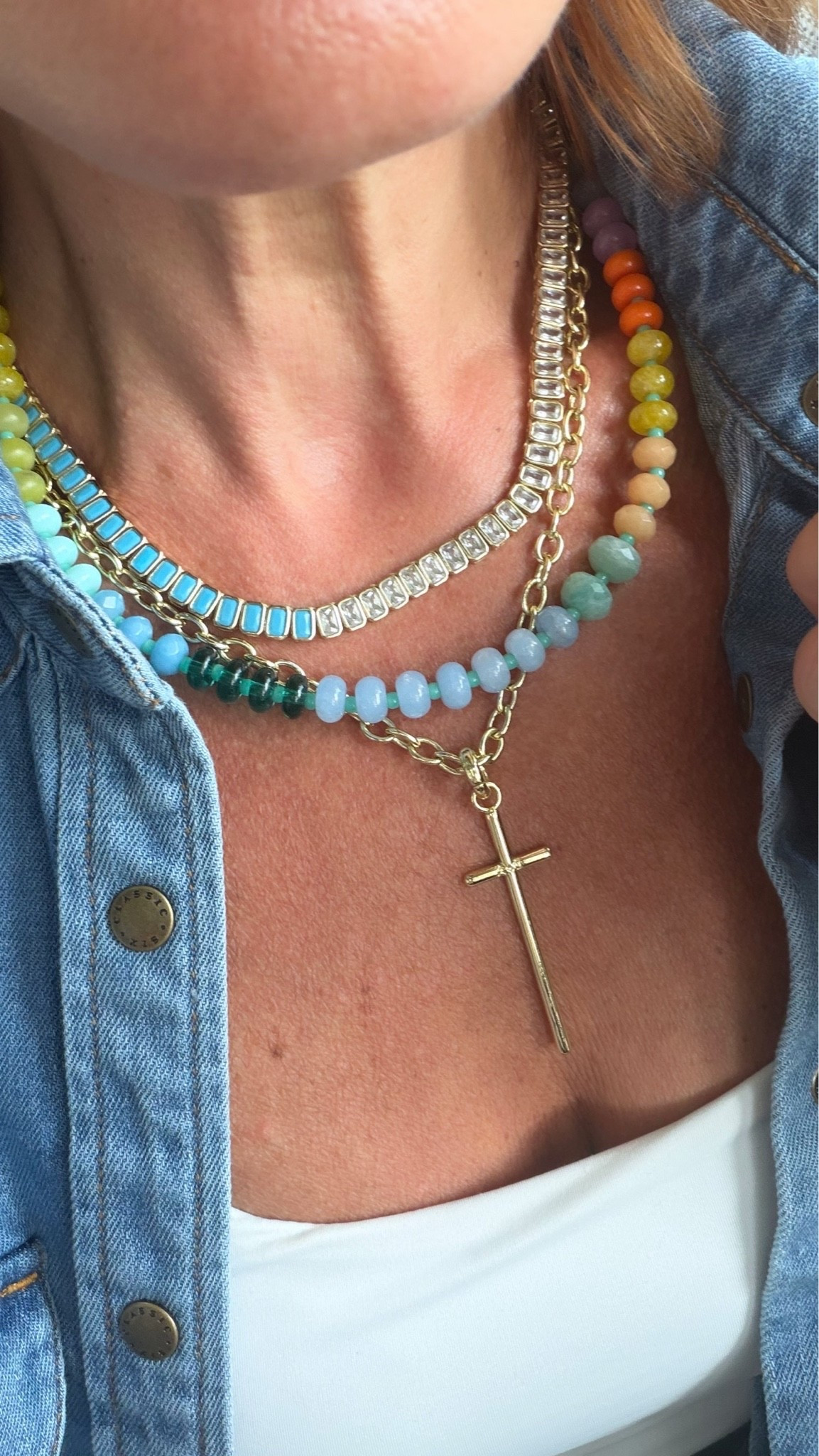 These layered necklaces are the easiest way to make a simple tank + denim outfit feel styled in 2 seconds. Loving the mix of colorful beads, turquoise details, and gold layers for summer 💙☀️

Colorful summer jewelry stack with layered necklaces, beaded necklace trend, turquoise enamel necklace, gold cross necklace, waterproof jewelry, everyday jewelry stack, beach vacation accessories, summer outfit accessories, layered gold necklaces, casual chic summer style, denim shirt outfit, trendy jewelry layering inspiration, Amazon jewelry finds, elevated everyday accessories ✨

#LTKootd #LTKOver40