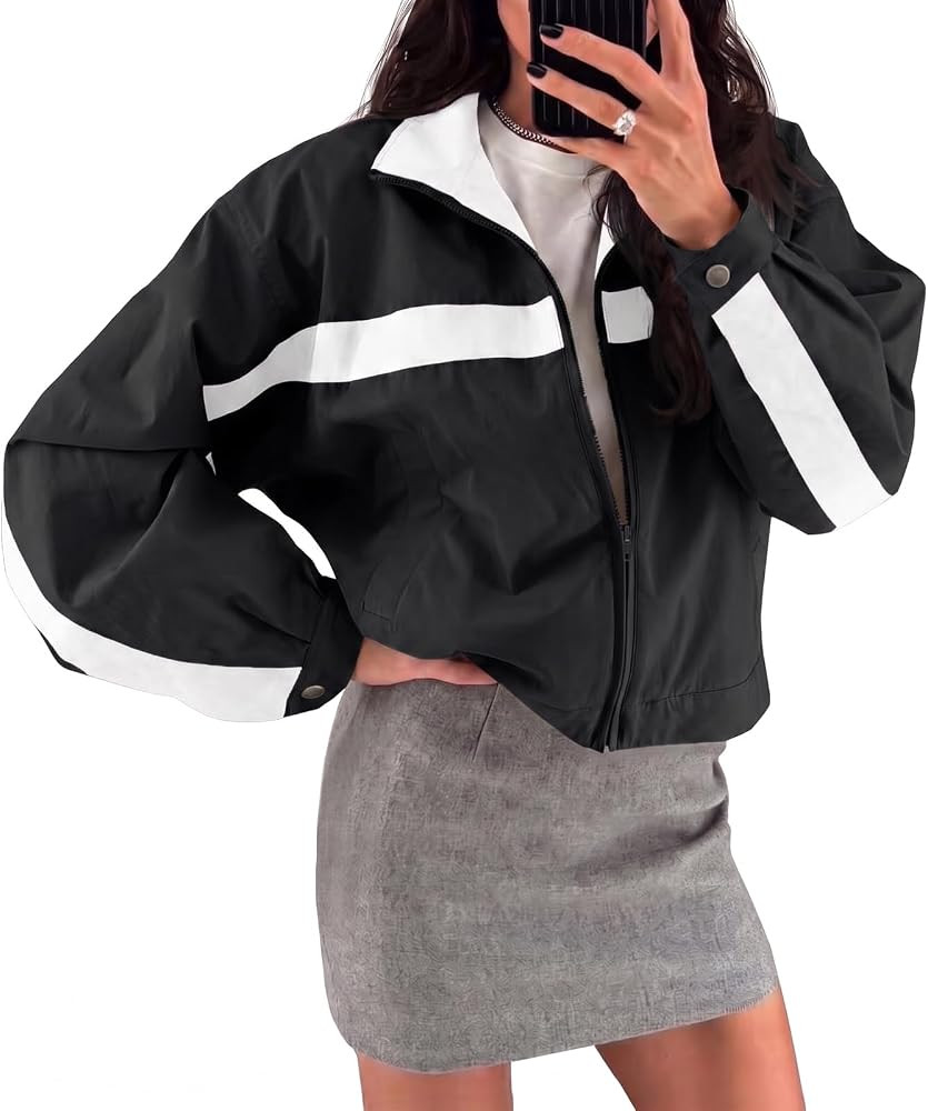 Fisoew Womens Cropped Zip Up Jacket Lightweight Windbreaker Casual Coat | Amazon (US)