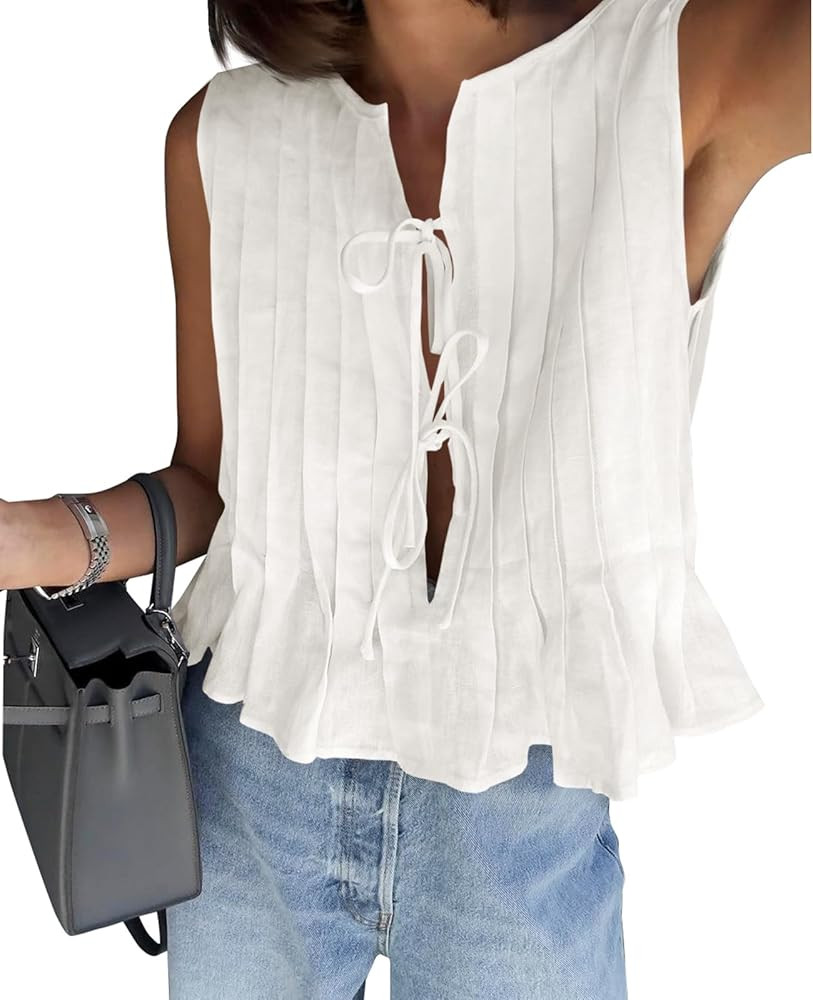 Cicy Bell Womens Bow Front Tie Tank Tops Pleated Babydoll Top Sleeveless Cute Coquette Shirt Summ... | Amazon (US)