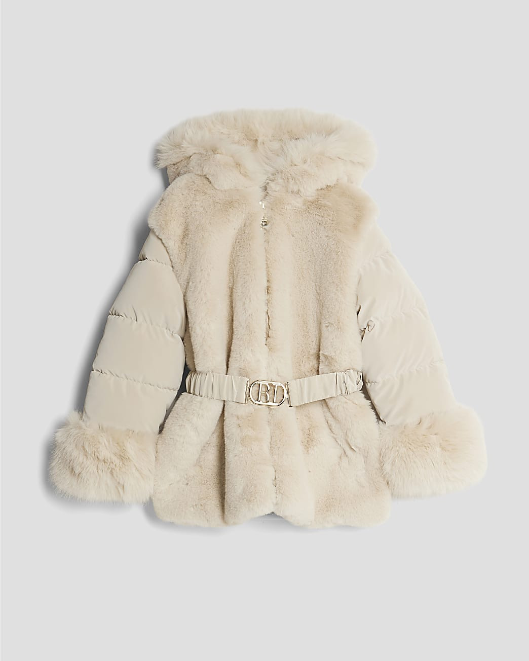 Girls Cream Belted Faux Fur Padded Coat | River Island UK & IE