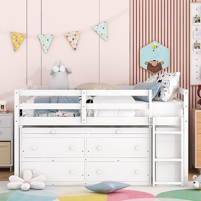 Harper & Bright Designs Wood Full Size Loft Bed with Desk and Storage Drawers, Low Loft Bed with ... | Amazon (US)