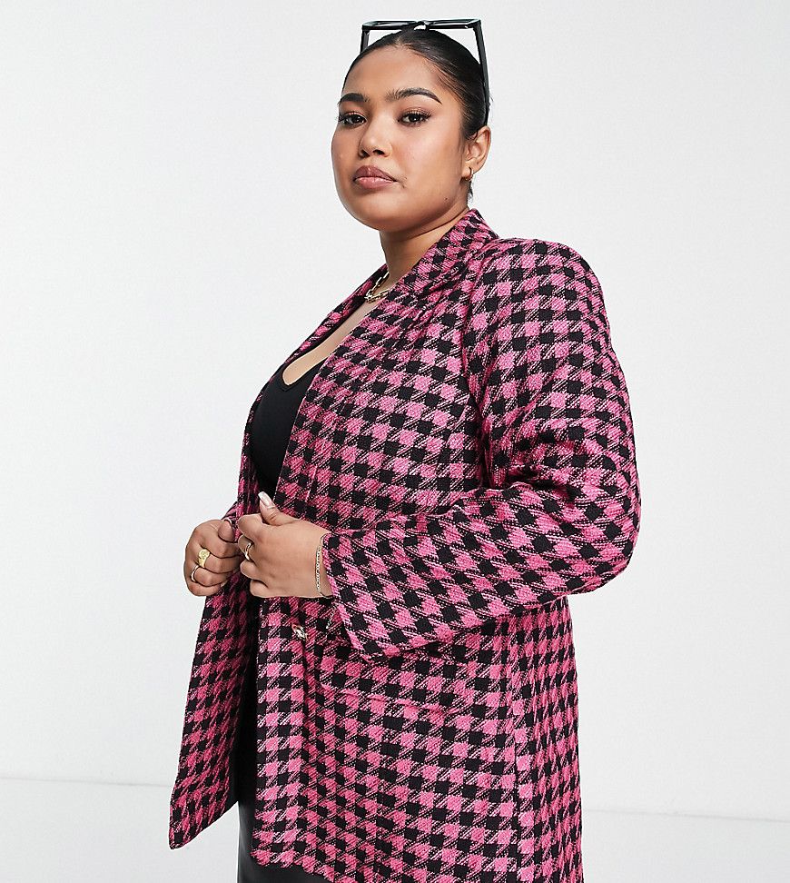 River Island Plus houndstooth check boucle blazer in pink | ASOS (Global)