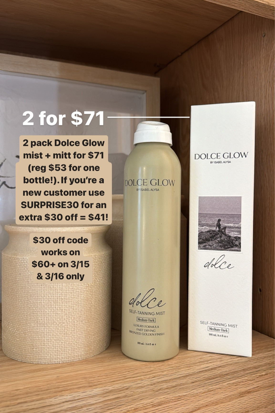 Two pack dolce glow self tanning mist on sale today at @qvc for $71 (includes mitt too!). If you’re a new customer, use SURPRISE30 for $30 off = $41 for set (one bottle is regularly $53, so you get all of this for less than the price of one bottle). $30 off code only works 3/15 and 3/16! #ad #loveqvc 

#LTKsalealert #LTKfindsunder50 #LTKbeauty