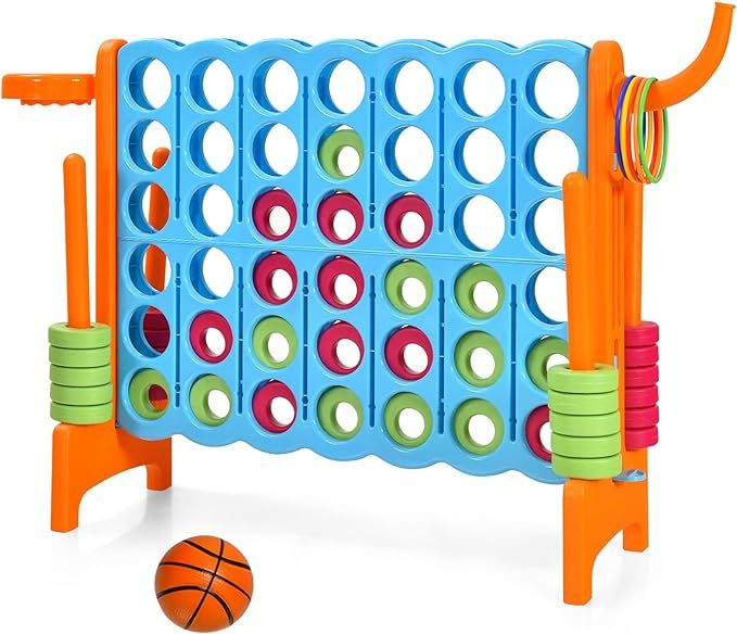 Costzon Giant 4-in-A-Row, Jumbo 4-to-Score Giant Game w/Basketball Hoop, Ring Toss, 42 Jumbo Ring... | Amazon (US)