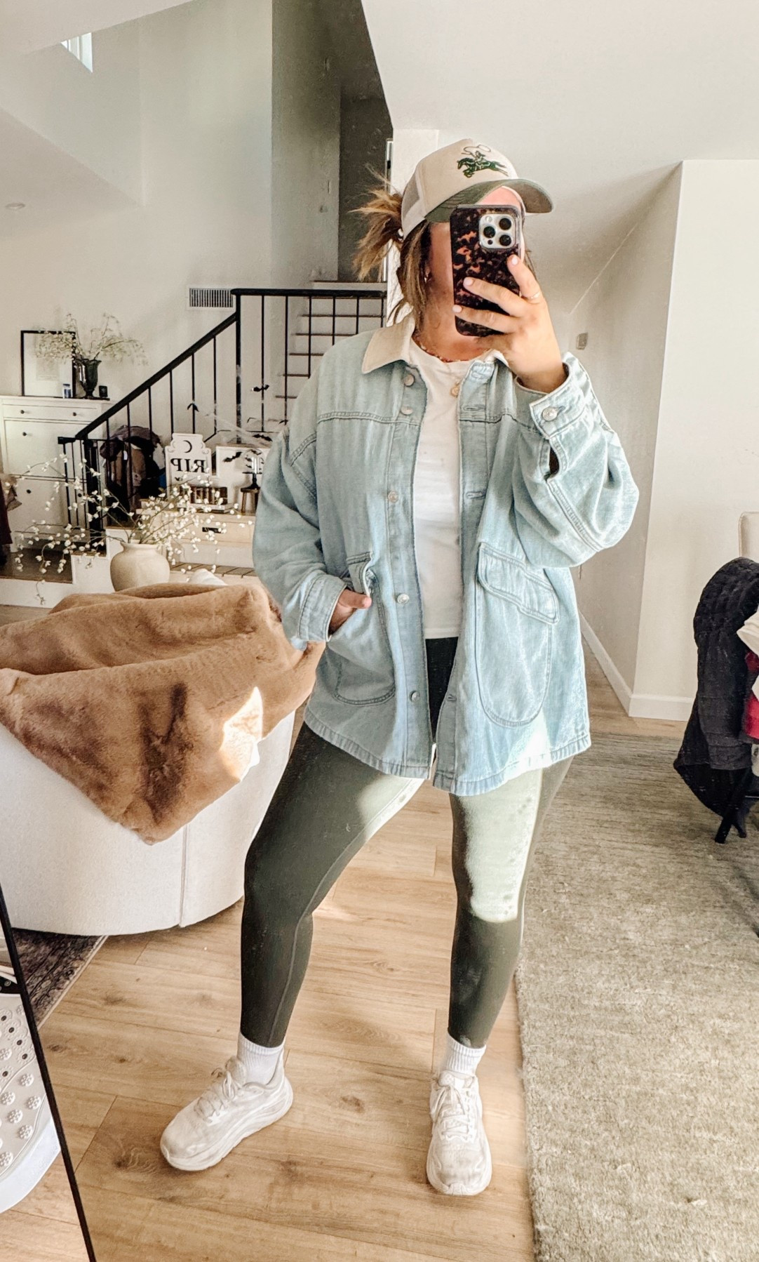 Casual mom fit for a day out adventuring with the boys! This free people jacket is the perfect light weight denim for transitional weather. I sized down twice for it. It’s super oversized. Plus I’ve been obsessed with these old navy leggings that are sooo light and stretchy.
.
Trucker Hat - one size
Jacket - Small
Pants - XL
Shirt - Large

#LTKMidsize #LTKFindsUnder50 #LTKFamily