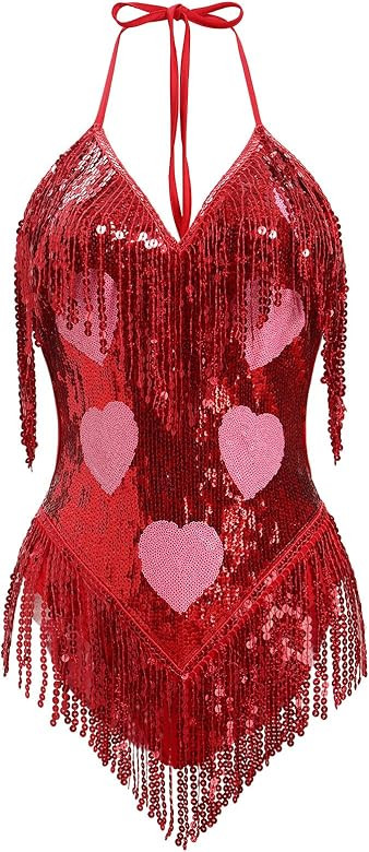 ABAFIP Women's Sequin Fringe Dance Bodysuit Halter V-Neck Sparkly Tassel Leotard Rave Festival Ou... | Amazon (US)
