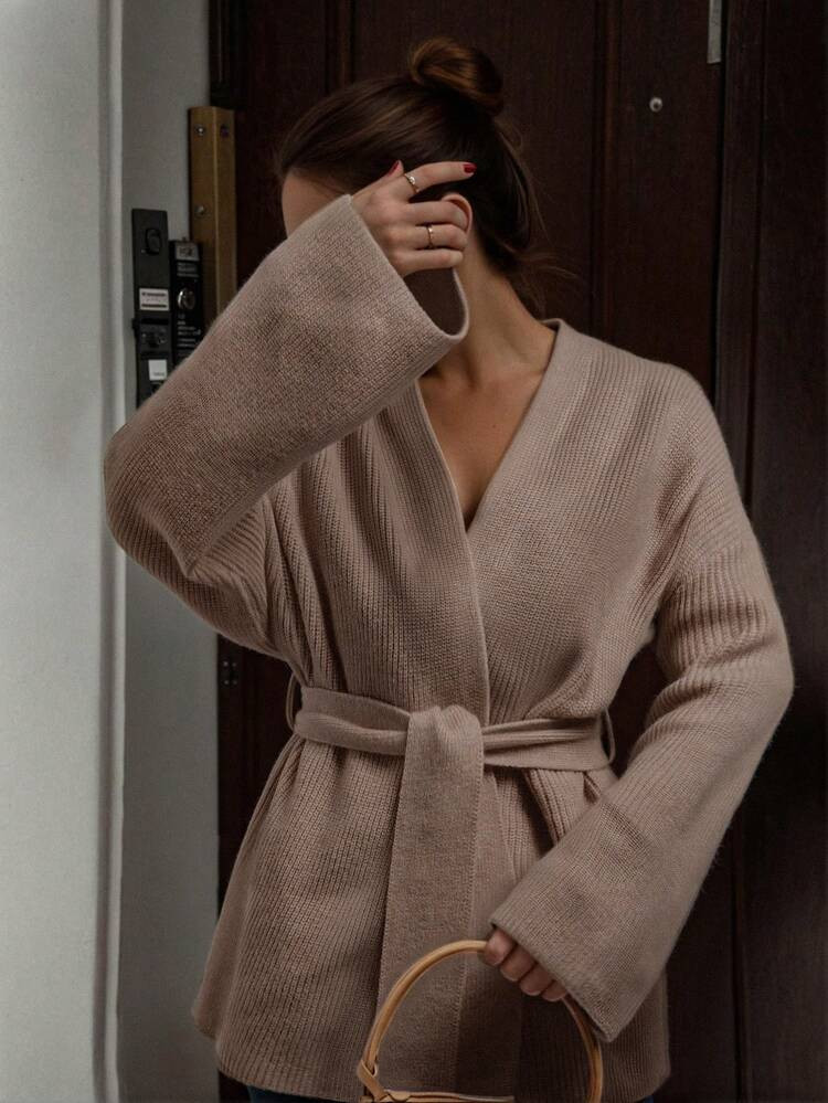 Women's Solid Color Casual Vertical Stripe Textured Design V-Neck Loose Wrap Waist Tie Long Sleeve Sweater Cardigan, Spring/Autumn/Winter | SHEIN