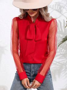 EMERY ROSE Contrast Polka Dot Mesh Tie Neck Blouse Women Shirt | SHEIN