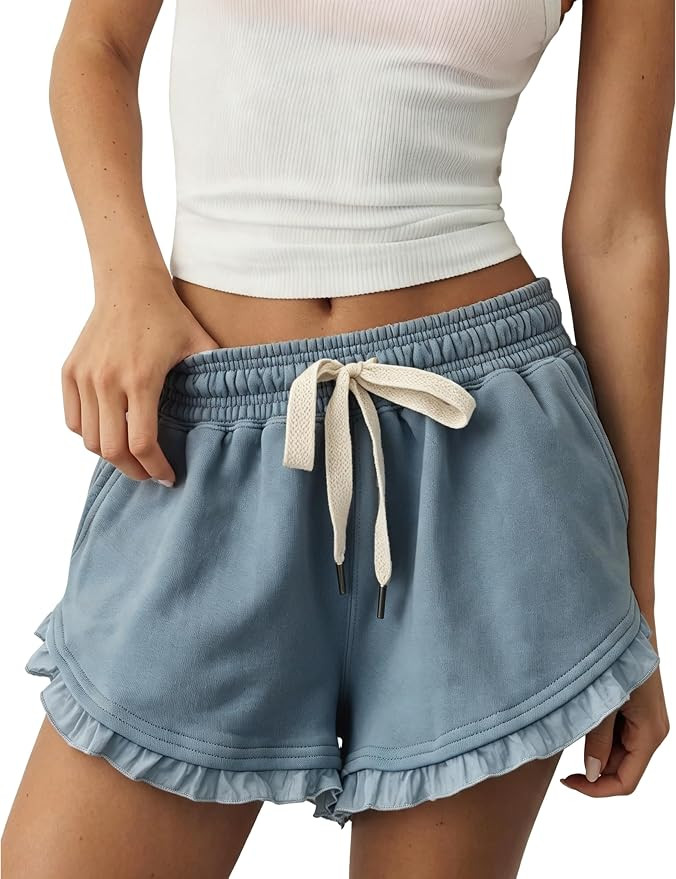 Megfie Women Ruffle Hem Lace Shorts Elastic Waist Contrast Drawstring Short | Amazon (US)