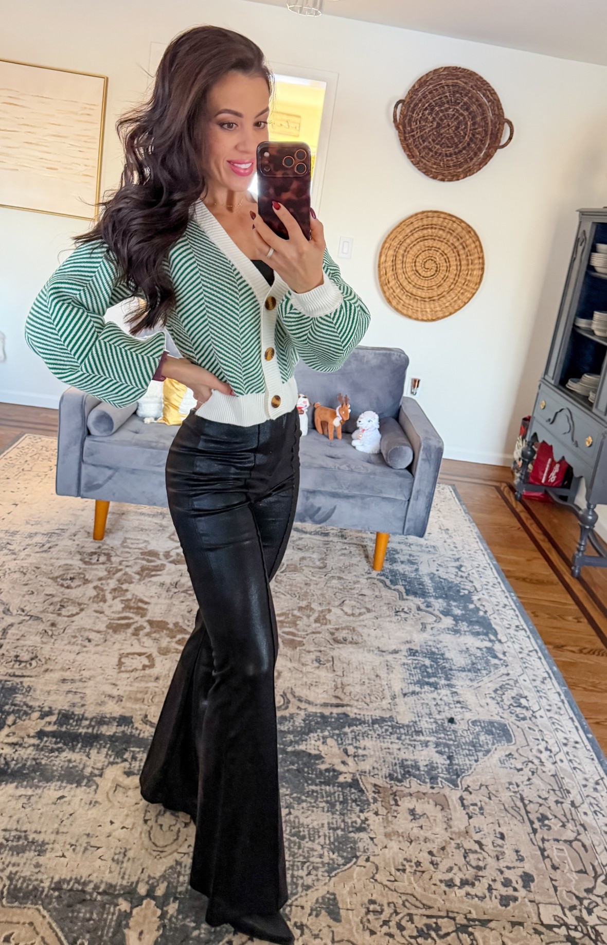 Christmas fashion. Holiday fashion. Striped cardigan. Faux leather pants. Christmas vibes  

#LTKSeasonal #LTKHoliday #LTKGiftGuide