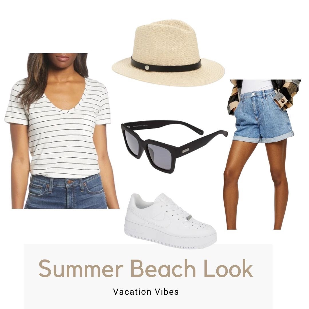Laid-back summer outfit with striped tee, denim shorts & classic sneakers—vacay-ready style