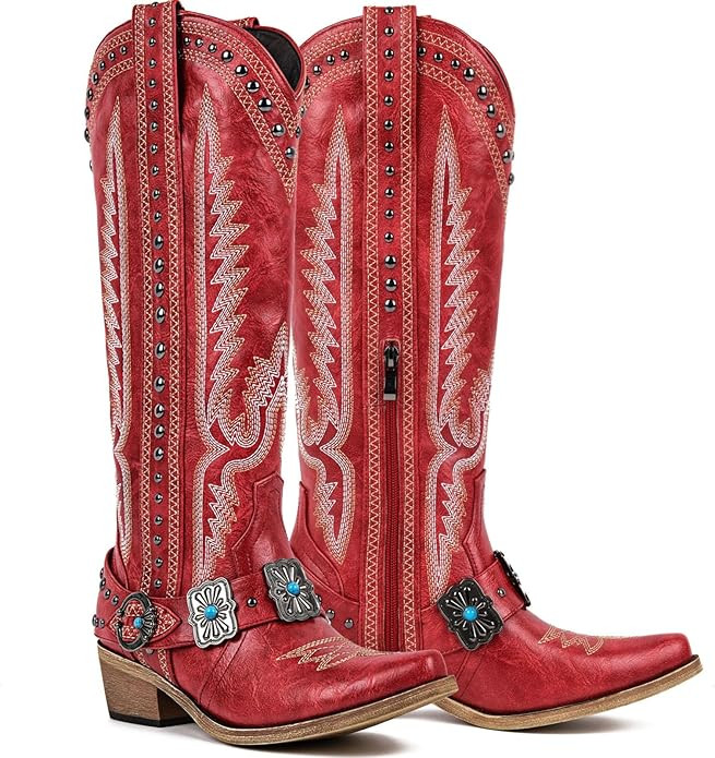Yolkomo Cowboy Boots for Women Knee High Western Cowgirl Boots with Embroidery Belt Buckle Chains | Amazon (US)