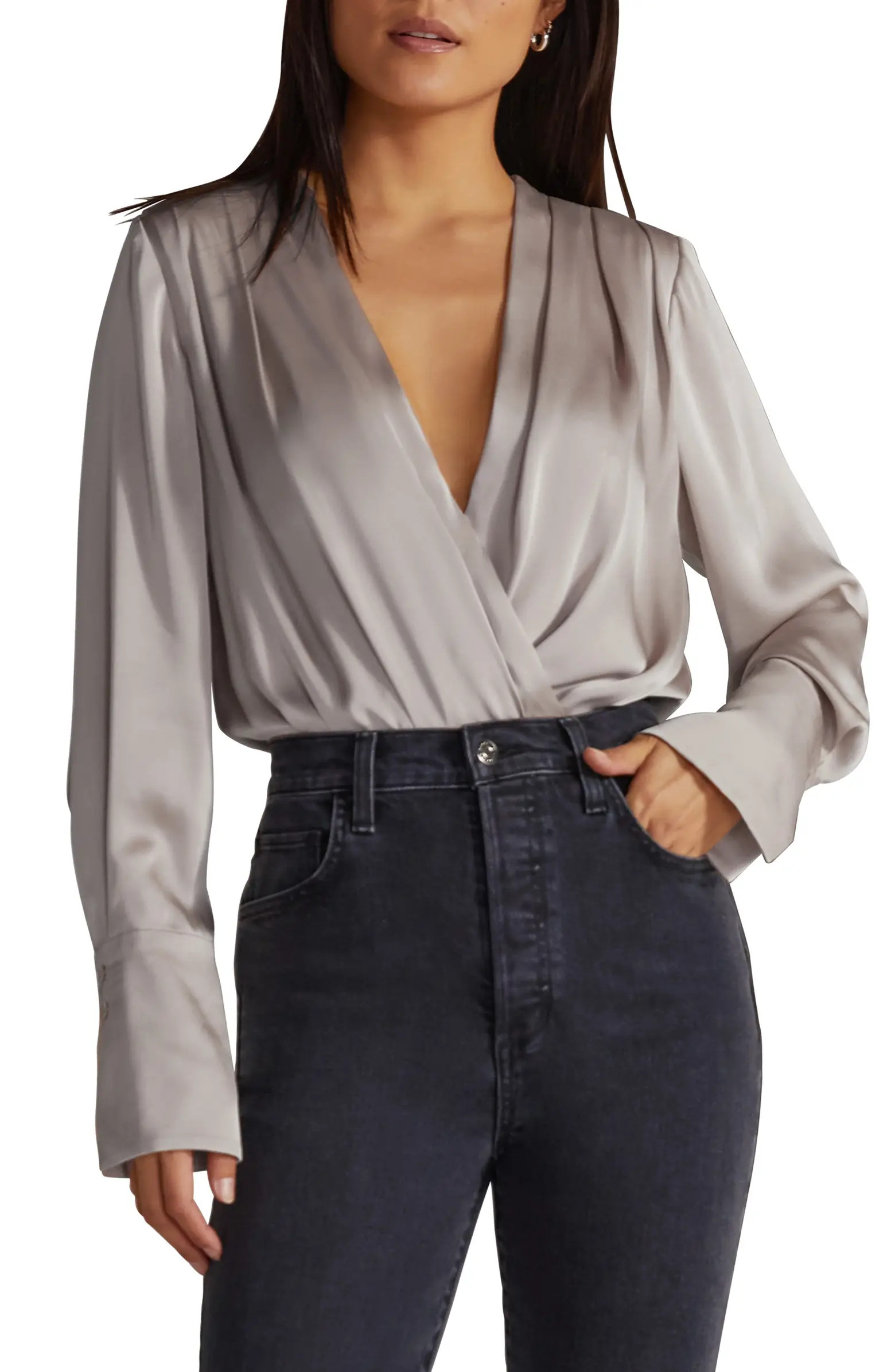 Surplice Long Sleeve Satin Bodysuit | Nordstrom