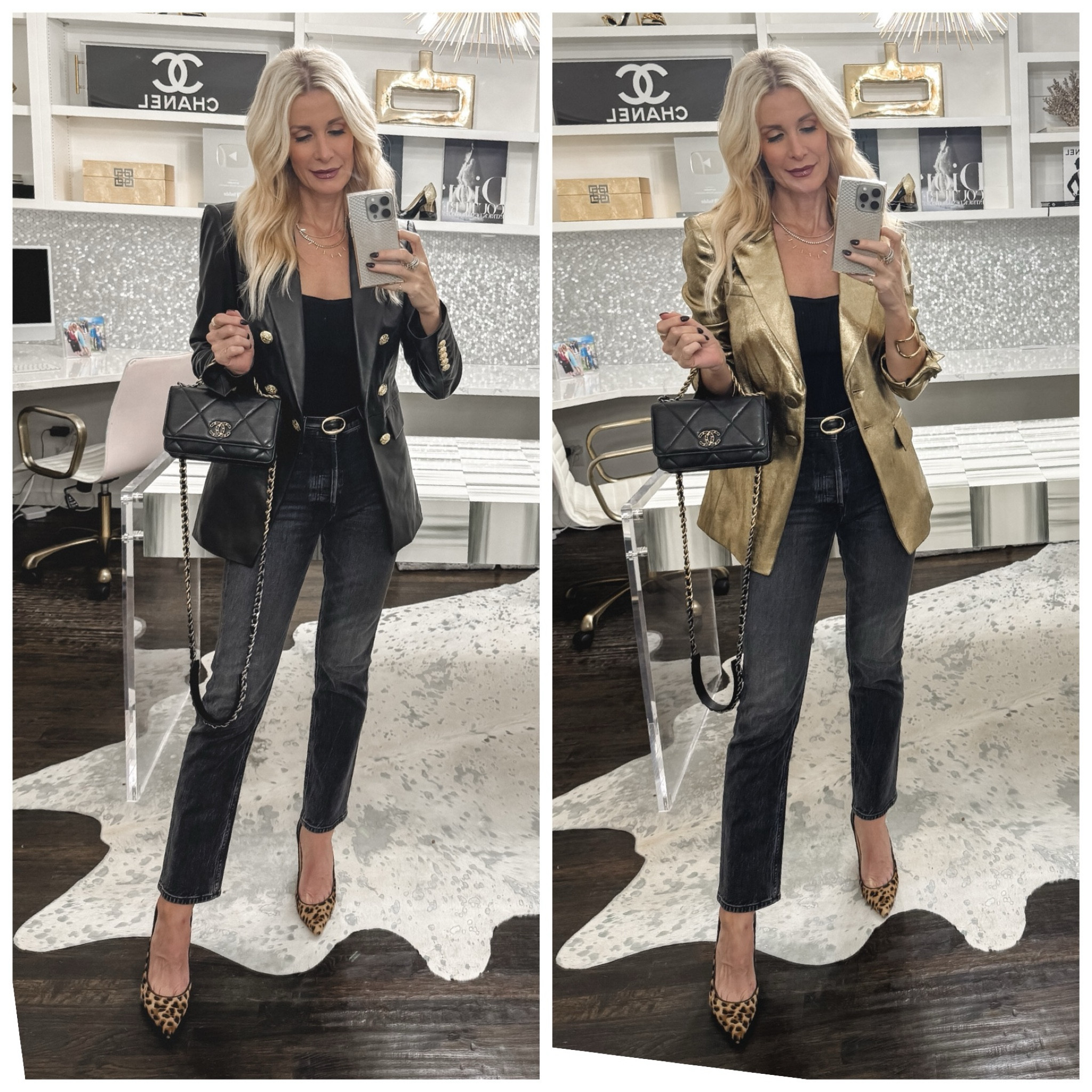 2 of my favorite blazers ~ both so perfect for so many occasions! ✨🖤✨ 
This stunning gold blazer is defiantly a show-stopper and also has matching gold pants which are fabulous! 

The black leather blazer is such a great staple and I adore the gold lux buttons. 

They both runs tts, I’m wearing a size 0 in both of them. 

#LTKStyleTip #LTKParties #LTKOver40