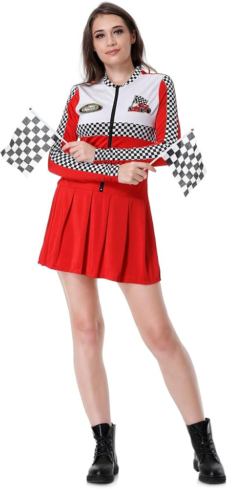 GRAJTCIN Adult Race Car Driver Costume for Women Racing Checkerboard Long Sleeves Racer Dress Hal... | Amazon (US)