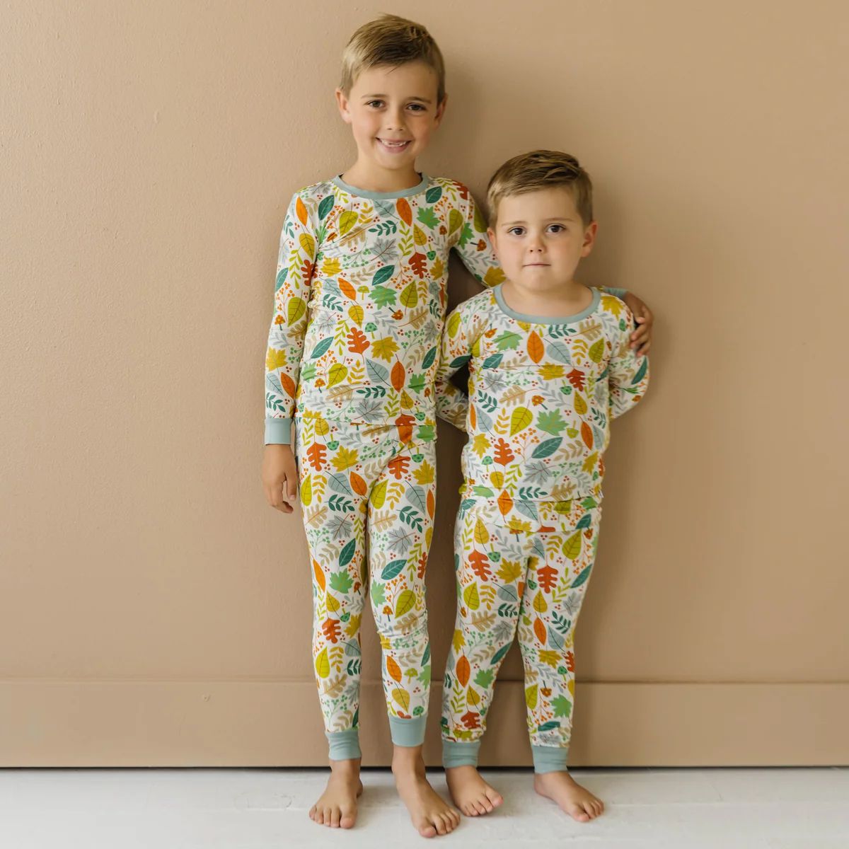 Warm Taupe Fall Leaves Two-Piece Bamboo Viscose Pajama Set | Little Sleepies