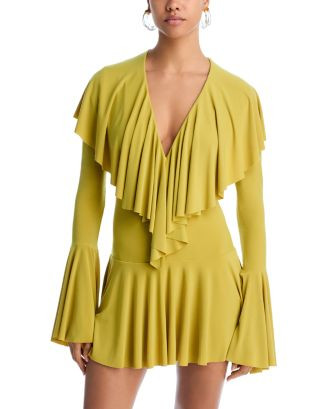 Norma Kamali Long Sleeve Deep V Ruffle Mini Dress   | Bloomingdale's Women | Bloomingdale's (US)