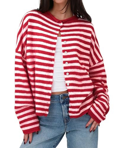 Cazaddi Women's Striped Cardigan Long Sleeve Open Front Button Down Lightweight Sweaters (Red-M) | Amazon (US)