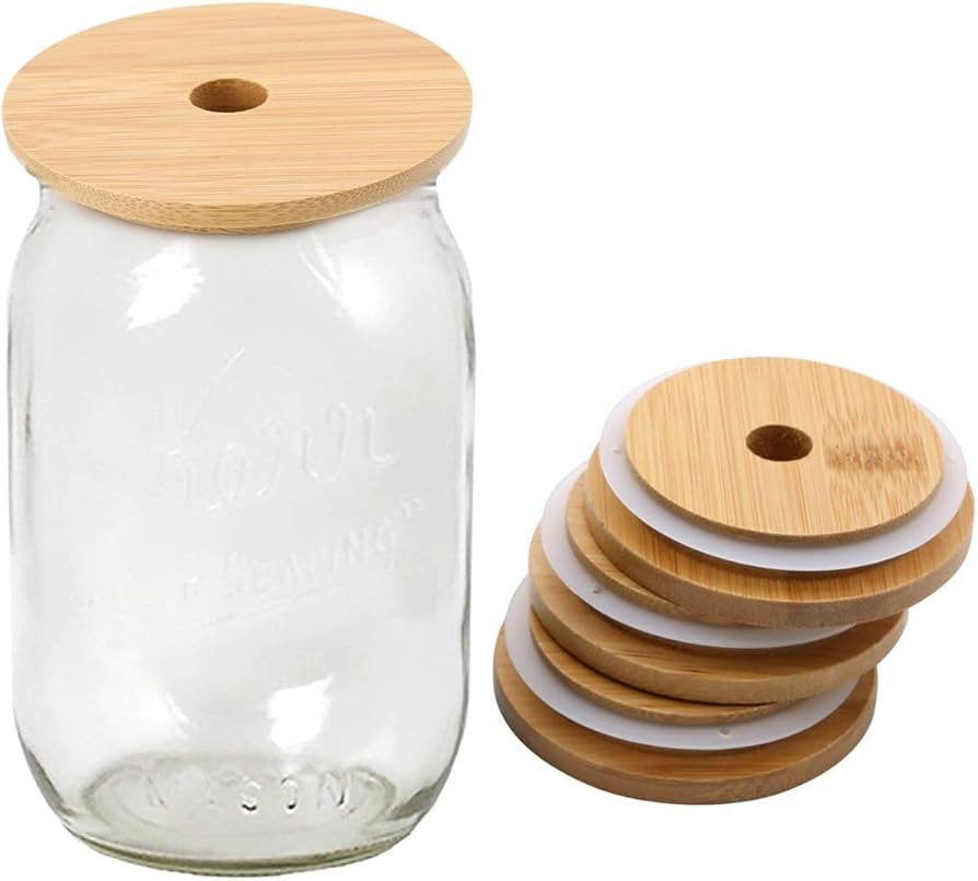 TOUSHI 4Pcs Regular Mouth Bamboo Mason Jar Lids with Straw Hole Reusable Bamboo Caps Leak-Proof G... | Amazon (US)