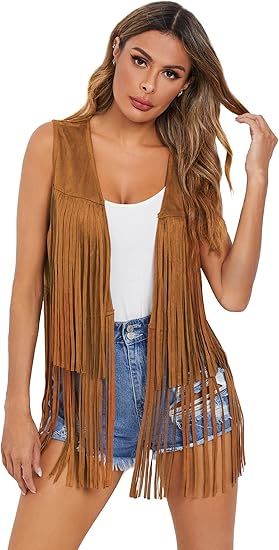 Verdusa Women's Tassel Sleeveless Vest 70s Hippie Faux Suede Fringe Jacket Cardigan | Amazon (US)