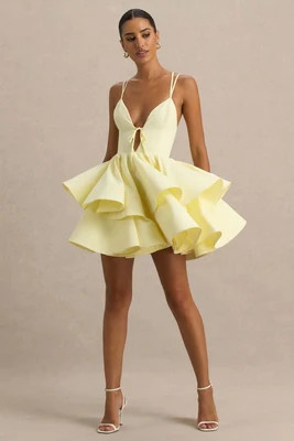 Flavia | Lemon Plunge-Neck Ruffled Skater Micro-Mini Dress | Club L London