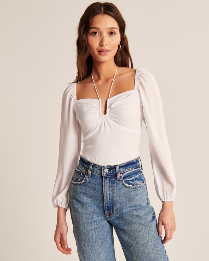 Long-Sleeve Faux Silk Cinched Top | Abercrombie & Fitch (US)