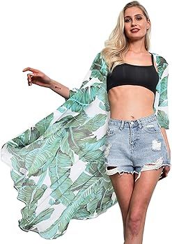 Beach Coverups for Women Floral Kimono Open Front Cardigan Maxi Dress Swimsuit Beachwear Summer | Amazon (US)
