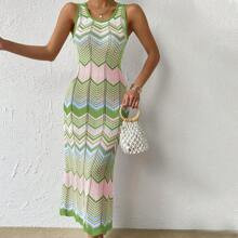 Chevron Pattern Pointelle Knit Jumper Dress | SHEIN