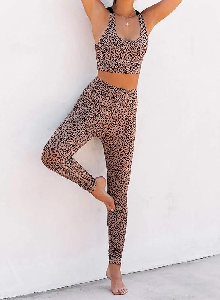 Sidefeel Women Leopard Print Workout Set Outfit High Waist Bike Shorts with Yoga Sport Bra Gym Cloth | Amazon (US)
