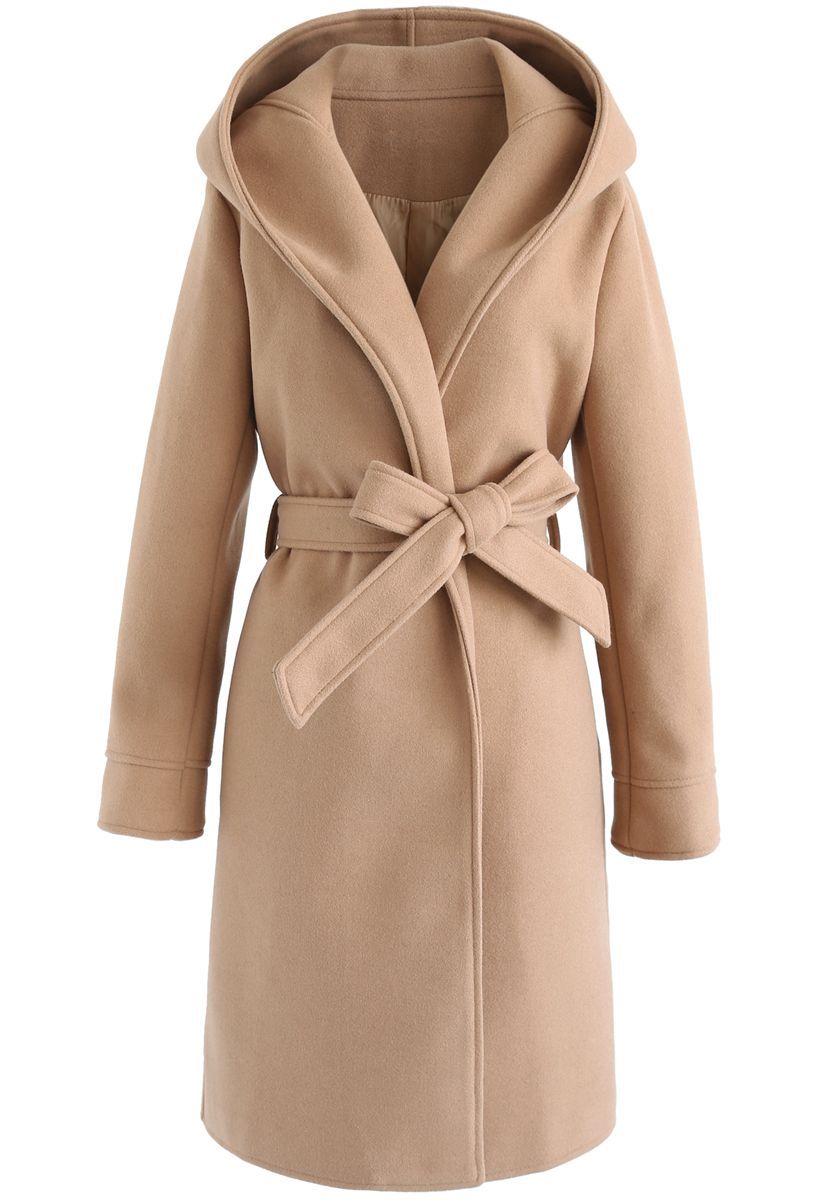 Cozy Trip Hooded Open Front Longline Coat in Tan | Chicwish