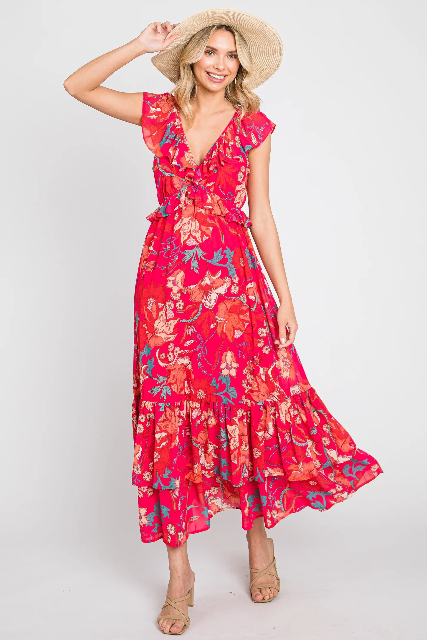 Coral Floral Chiffon Ruffle V-Neck Maxi Dress | PinkBlush Maternity