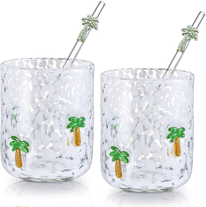 Skylety 2 Set Coconut Tree Icon Juice Glass Cups - Icon Glass Cup with 2 Straw 14 oz Double Old F... | Amazon (US)