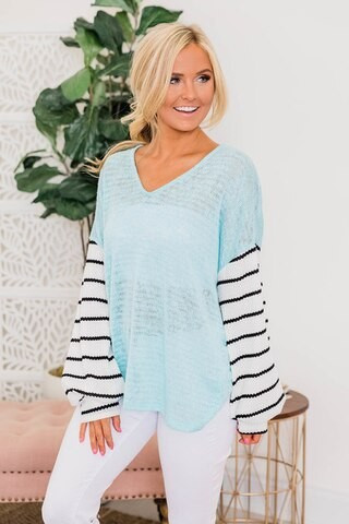 Delightful Daydream Aqua Striped Pullover | The Pink Lily Boutique