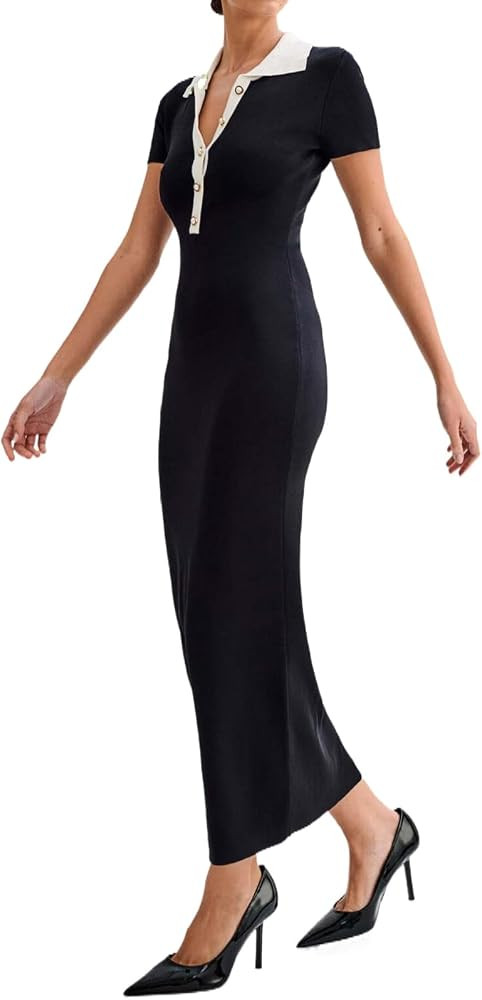 Womens Short Sleeve Maxi Dress Summer Bodycon Button V Neck Collared Knit Elegant Party Long Swea... | Amazon (US)