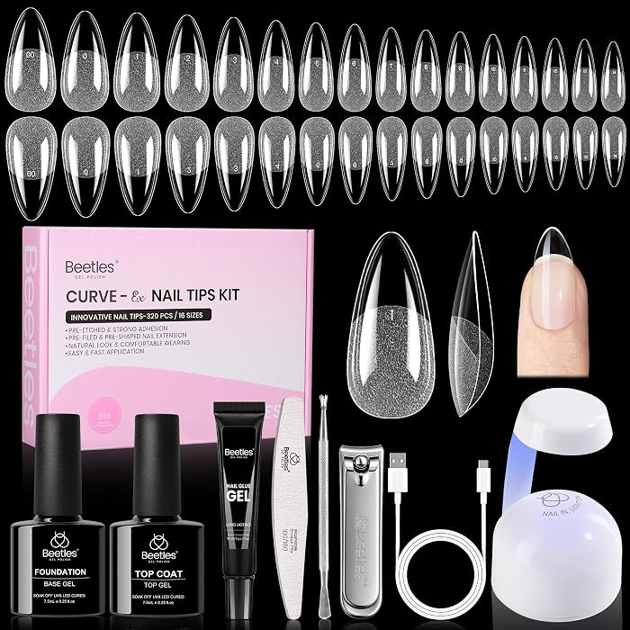 Beetles Gel Nail Kit Curve-EX, Almond Medium, 320pcs 16 Sizes Nail Tips, with 15g Nail Glue Hands... | Amazon (US)