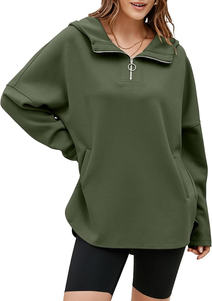 EVALESS Women's Oversized Hoodies Casual Long Sleeve Half Zipper Pocket Sweatshirt Pullover Tops | Amazon (US)